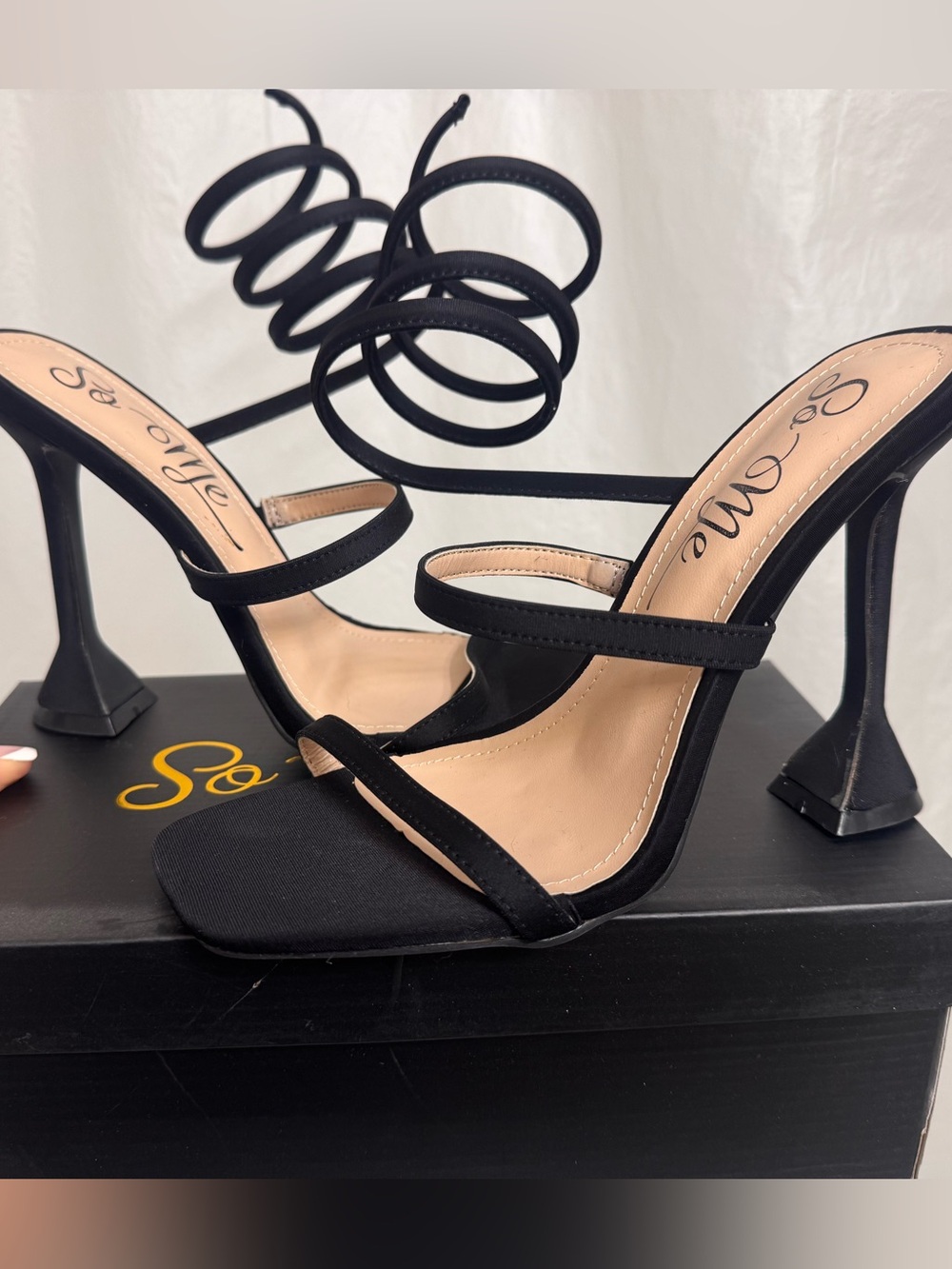 So Me Black Spiral Ankle Strap High-Heel Sandals